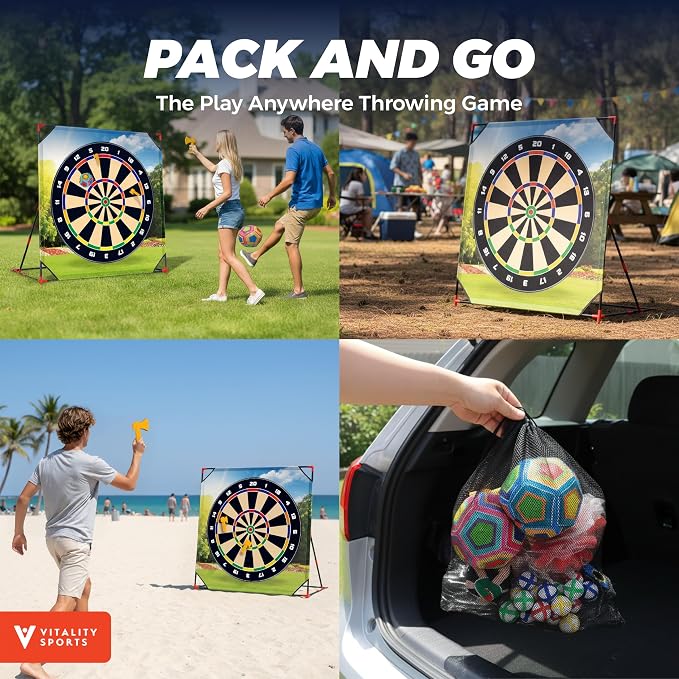 Vitality Sports 4-in-1 Sport Game with Stand - Golf Target Battle Games with Putting Mat, 12 Sticky Balls, 6 Axes, 2 Soccer Balls, 8 Bean Bags, Axe Throwing Game for Backyard