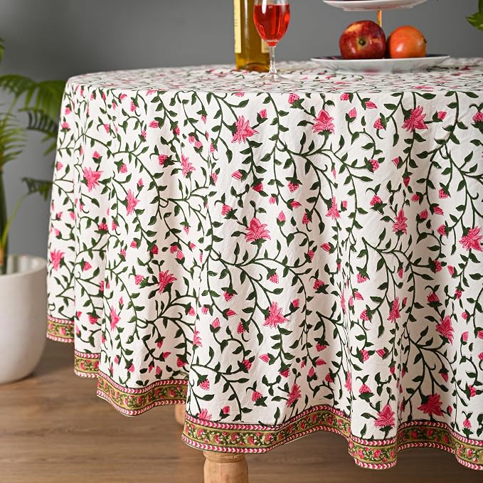 Hand Block Printed Tablecloth – Colorful Floral Print | 100% Cotton | Indian Artisan Handmade Art | Dining Room, Kitchen, Outdoor Décor, (Rosy Elegance, 6 Seater 72 Inches Round)