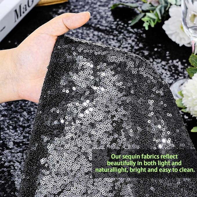 MoKoHouse Black Sequin Tablecloth Rectangle 50" x 80" Glitter Table Cloth Sparkly Fabric for Halloween Birthday Parties Cake Dessert Table Decor