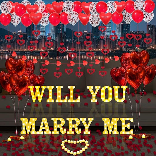 Will You Marry Me Light Up Letters Proposal Decorations, 14Pcs 6.3" Sign with 24Pcs Flameless Heart Candles 2000Pcs Red Artificial Rose Petals 45Pcs Latex Balloons 10Pcs Heart Balloon Valentine's Day