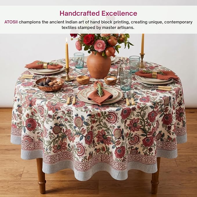 ATOSII Ruby 100% Cotton Round Tablecloth, Handblock Print Floral Table Cloth for Kitchen Dining Linen I Parties, Weddings, Outdoors, Picnics, Easter Spring Summer Home Decor 90" Inches Round