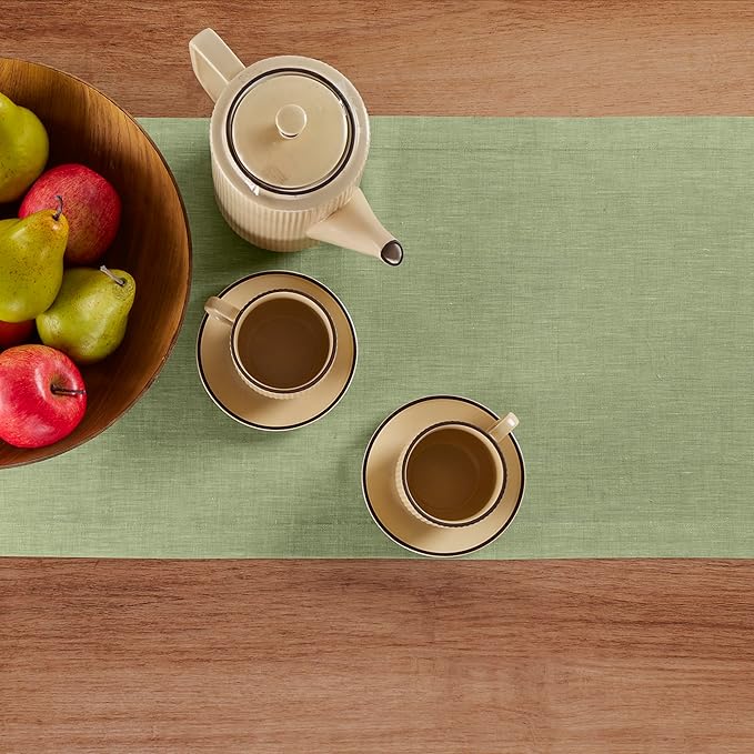 Solino Home Linen Table Runner 108 Inches Long - Athena, 100% Pure Linen Chambray Olive Table Runner 14 x 108 Inch for Dining, Spring, Summer