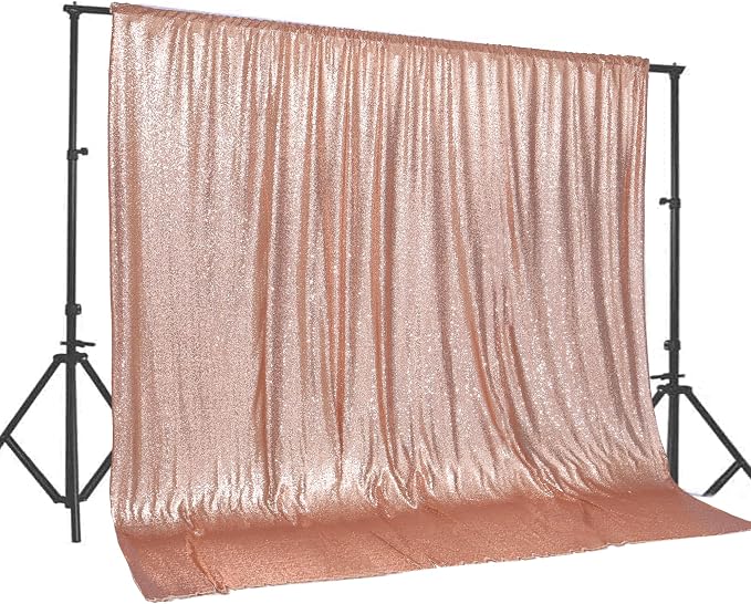 PartyDelight Rose Gold Sequin Backdrop 20x10ft 4 Inch Rod Pocket | Dense 3mm rose gold sequins on mesh backing with 4 inch rod pocket for extra wide stages banquet walls group photos and large