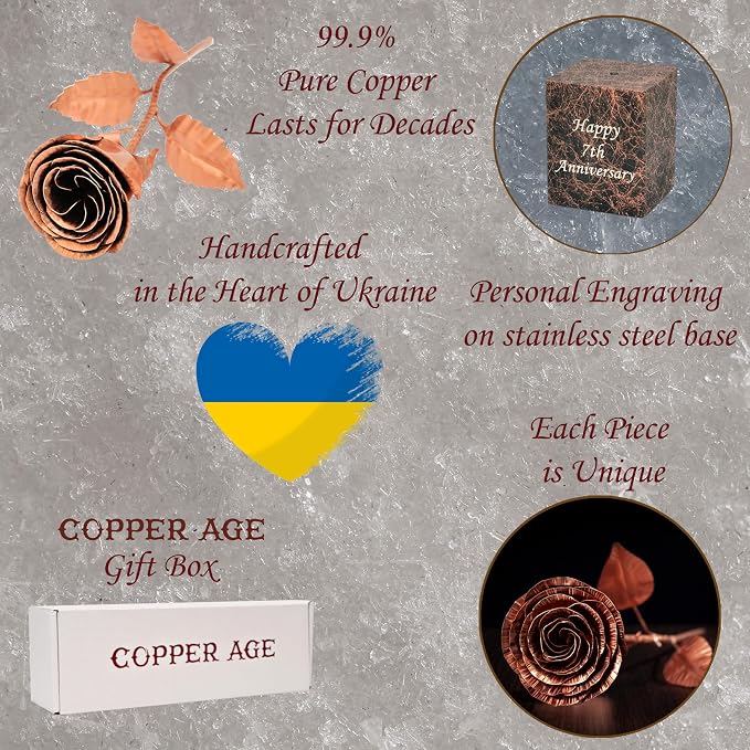 Personalized Copper for Wife – 7th or 22nd Wedding Anniversary Rose – Custom Engraved Solid Copper Flower – 12 Inch Metal Keepsake