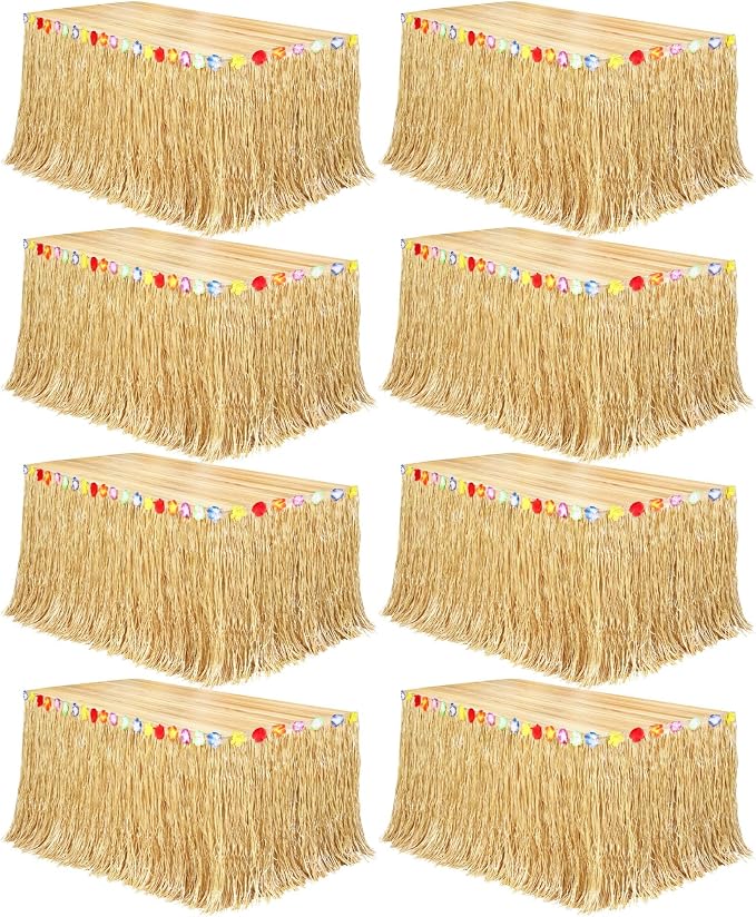 Fovths 8 Pack Luau Grass Table Skirt Natural 9 Feet x 29.5 Inch Hawaiian Table Skirt for Tropical Hawaiian Party Decorations Luau Costume, Straw Yellow