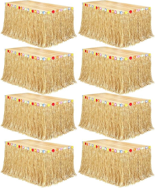 Fovths 8 Pack Luau Grass Table Skirt Natural 9 Feet x 29.5 Inch Hawaiian Table Skirt for Tropical Hawaiian Party Decorations Luau Costume, Straw Yellow