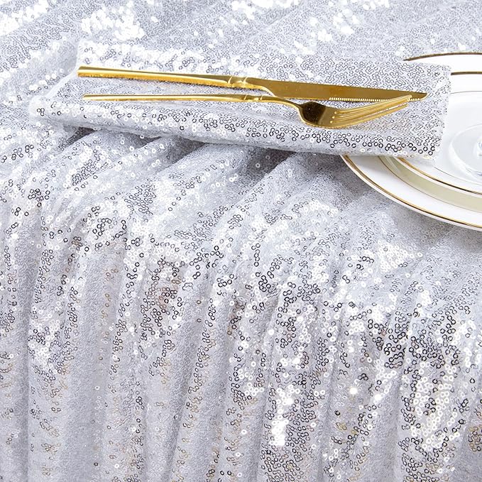 QueenDream Silver Sequin Tablecloth 90x90 Inch Gillter Table Cloth for Birthday Wedding Home Party Decorations