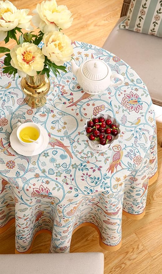 patdrea Vintage French Linen Tablecloth,Round,Diameter 67"-Magnolia | Colorful Elegant Table Cloth for Round Table,Yellow Floral Bird Print,Dining Room Tea Party Decoration,Durable