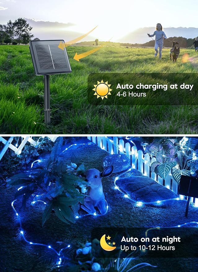 Brightown Solar String Lights Outdoor, 39FT 100 LED Rope Lights Solar Powered with 8 Lighting Modes, Waterproof Solar Patio Lights, Solar String Lights for Outside Tree Yard Halloween Decoration, Blue