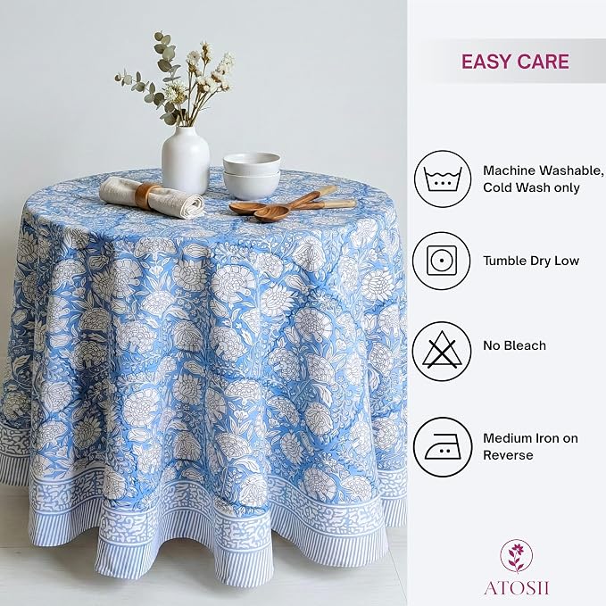 ATOSII Azora Blue 100% Cotton Round Tablecloth, Handblock Print Floral Table Cloth for Kitchen Dining Linen I Parties, Weddings, Outdoors I 90" Inches Round