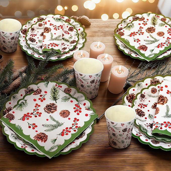 Domensi 250 Pcs Christmas Party Supplies Holly Leaf Berries Christmas Paper Plates and Napkins Cups Disposable Plates Napkins Tableware Set for 50 Guests for Xmas Winter Holiday Decoration