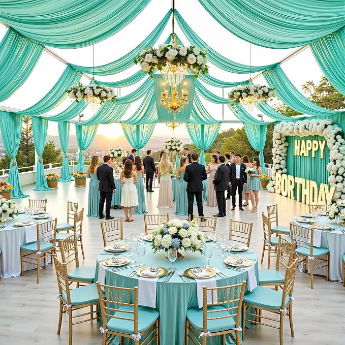 10ftx40ft Mint Green Ceiling Curtain for Wedding Parties – 2 Panels Wrinkle-Free 40 FT Long Tent Draping Curtains for Wedding, Birthday & Theme Parties, 40ft Height with Rod Pocket