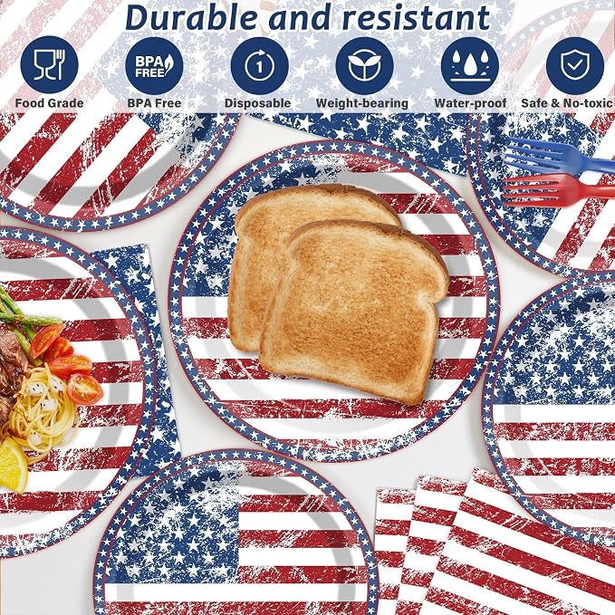 50 Guests 4th of July American Flag Patriotic Party Decorations Plates Napkins 250th Anniversary Themed Tableware Set Veterans Day Party Supplies Independence Paper Plates Napkins 200PCS