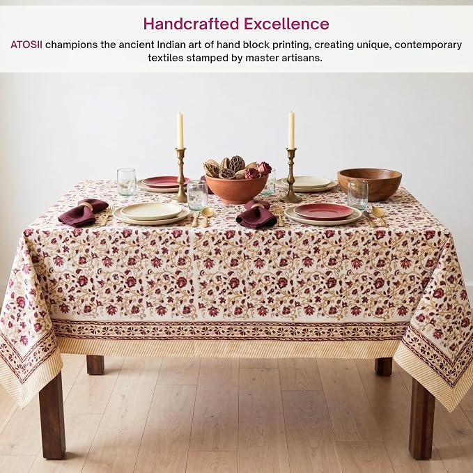 ATOSII Sophia 100% Cotton Square Boho Spring Summer Tablecloth, Handblock Floral Table Cloth Linen for Kitchen Dining I Parties Wedding Outdoors Picnic Easter Decor 60 X 60 Inches I 4 Seater