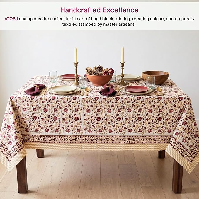 ATOSII Sophia 100% Cotton Rectangle Boho Spring Tablecloth, Handblock Floral Table Cloth Linen for Kitchen Dining I Parties Wedding Outdoors Farmhouse Grandmillennial I 60 X 108 Inches I 8 Seater