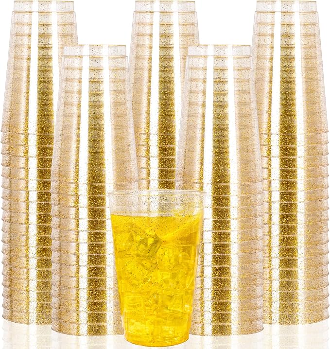 I00000 100 Pack 14 oz Gold Plastic Cups, Disposable Tumblers Gold Glitter Plastic Cups, Disposable Wine Glasses Cocktail Glasses Perfect for Wedding, Mother's Day & Party