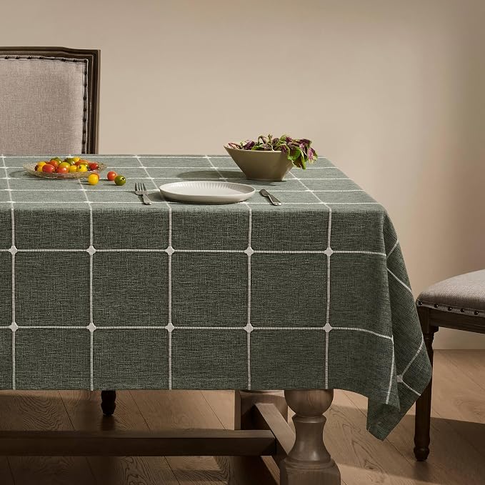 ZeeMart Grid Embroidered Hemmed Tablecloths, Olive 60x84 Inch, Farmhouse Style Heavy Weight Cotton Linen Olive Green Tablecloths, Boho Plaid Water Resistant Rectangle Table Cloth