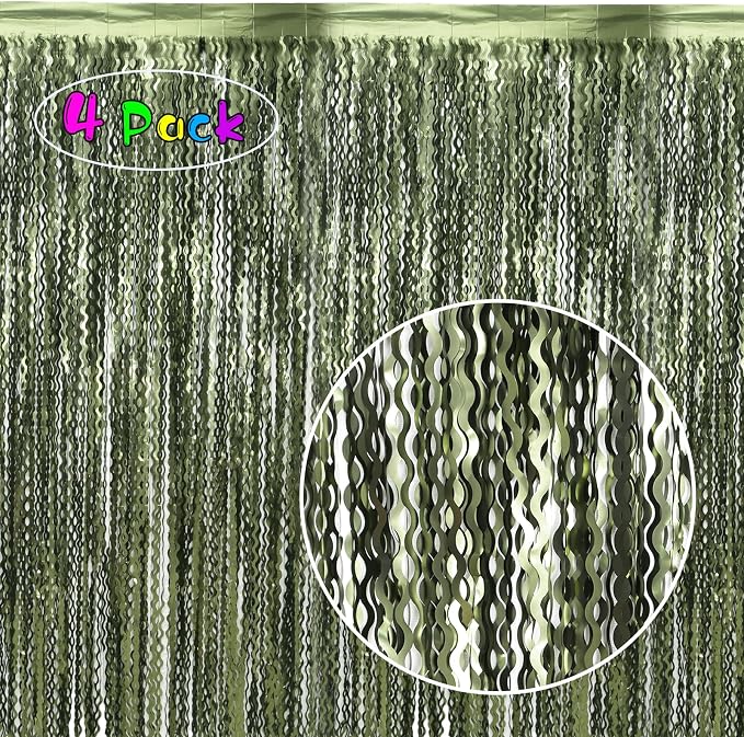 4 Pack Wavy Olive Green Streamers Backdrop Jungle Party Decorations - 3.3x6.6ft Foil Fringe Curtains Photo Booth for Dinosaur Animal St Patrick's Day Football Decor