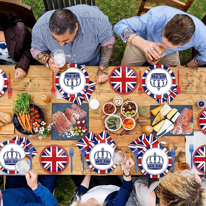 chiazllta 96 Pcs Britain UK England Flag Birthday Party Paper Plate and Napkins British Flag Party Supplies Tableware Union Jack Party Decorations Paper Plate Napkin Fork for Party Favors 24 Guests