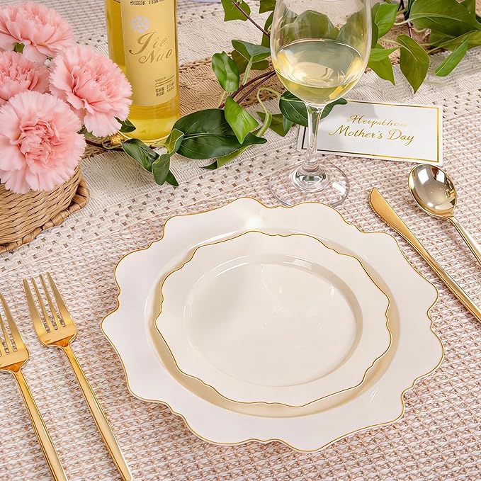 WDF 200PCS Ivory Plastic Plates with Gold Rim - Cream Plastic Plates - Include 100 Dinner & 100 Dessert Fancy Disposable Plate for Party - Heavy Duty Plate for Wedding/Baby Shower/Spring/Mother's Day