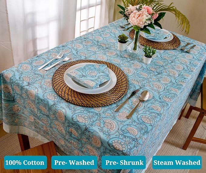 Sky Blue Block Print Table Cloth- 60x90 Inch Rectangle 100% Cotton Handmade Pre-Shrink, Washable for Spring, Kitchen & Dining Perfect for Patio, Indoor & Outdoor, Farmhouse