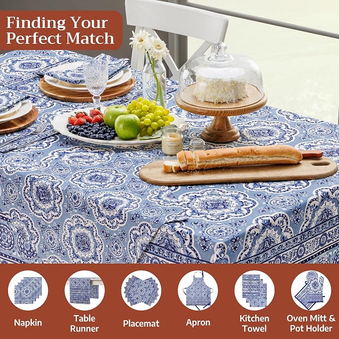 Maison d' Hermine Table Cloth Rectangle Table 100% Cotton 70 x 120 Inches Tablecloth Reusable Decorative for Dining Kitchen Room Farmhouse Party Home Hotel Restaurant Spring Summer - Melodie Bleue