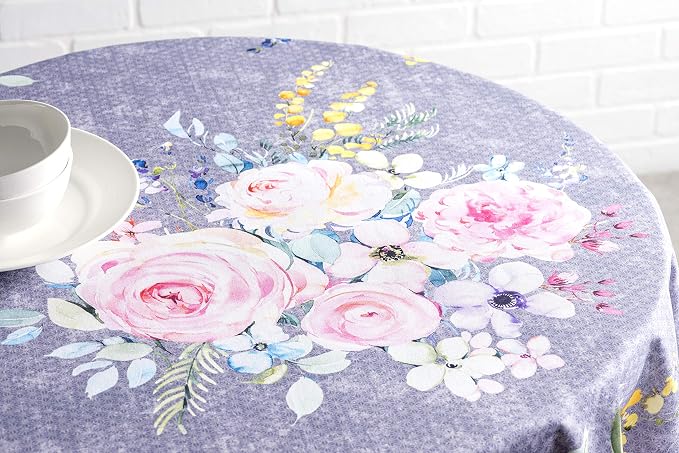 Maison d' Hermine Table Cloth Round Table 100% Cotton 63 Round Inches Tablecloth Reusable Decorative for Dining Kitchen Room Farmhouse Party Home Spring Summer - Sweet Rose Lavender - Country Garden
