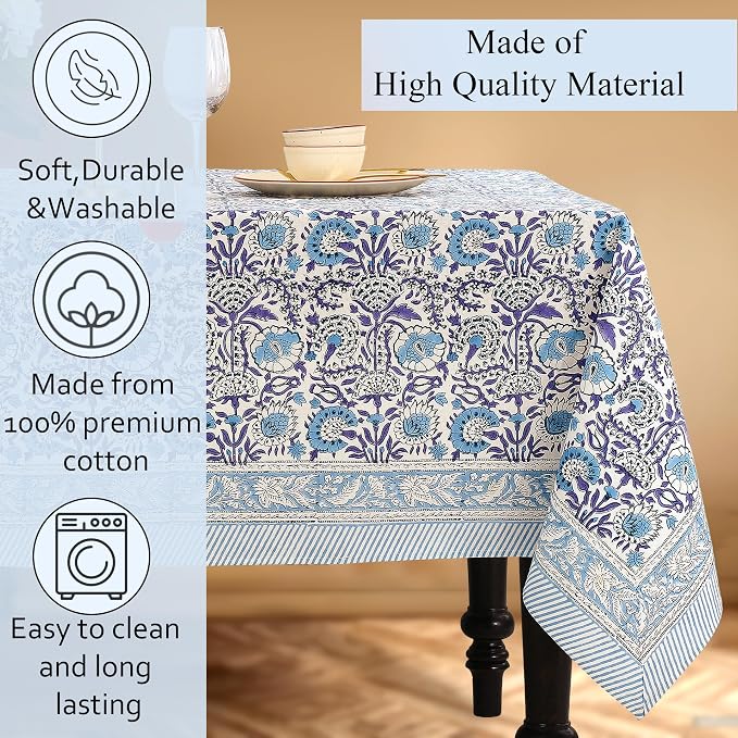 CPC Cotton Tablecloth 80x120 Inch Rectangle Indian Block Print Tablecloth- Blue Washable Wedding Table Cover for Thanksgiving/Christmas- Indigo Blue