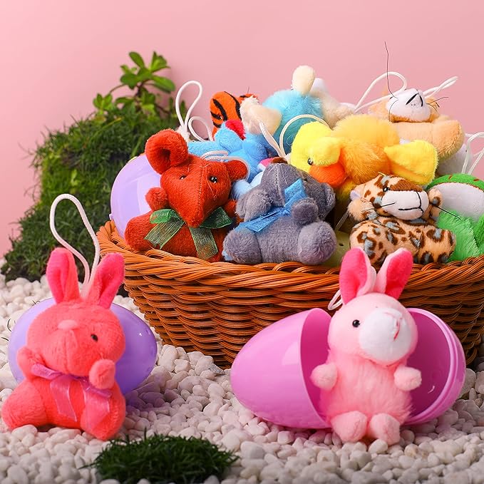 JOYIN 24 Pack Prefilled Easter Eggs of Mini Stuffed Animal Plush Toys Baster Stuffer Filler for Kids Easter Egg Hunt Game, Classroom Prize Supplies