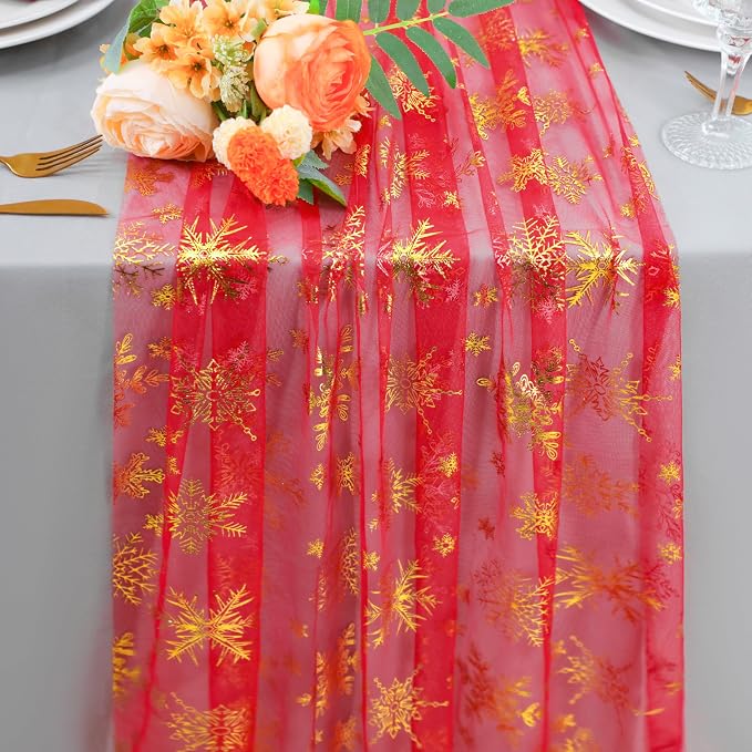 Snowkingdom Red Table Runner, 120 Inches Long Sheer Tulle with Gold Snowflake for Winter Holiday Wedding Home Party Table Decor