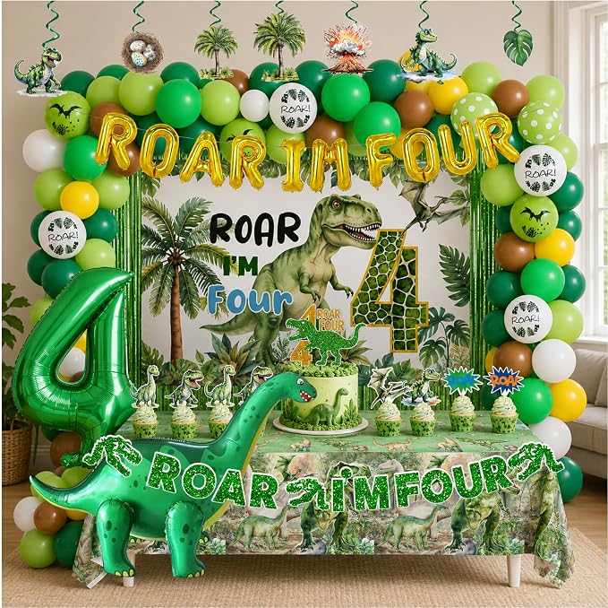 Roar Im Four Dinosaur 4th Birthday Party Decorations, Dinosaur 4th Birthday Party Supplies for Boys Girls, 4 Year Old Dino Theme Party Set with Backdrop, Fringe Curtains, Tablecloth, hanging swirls.