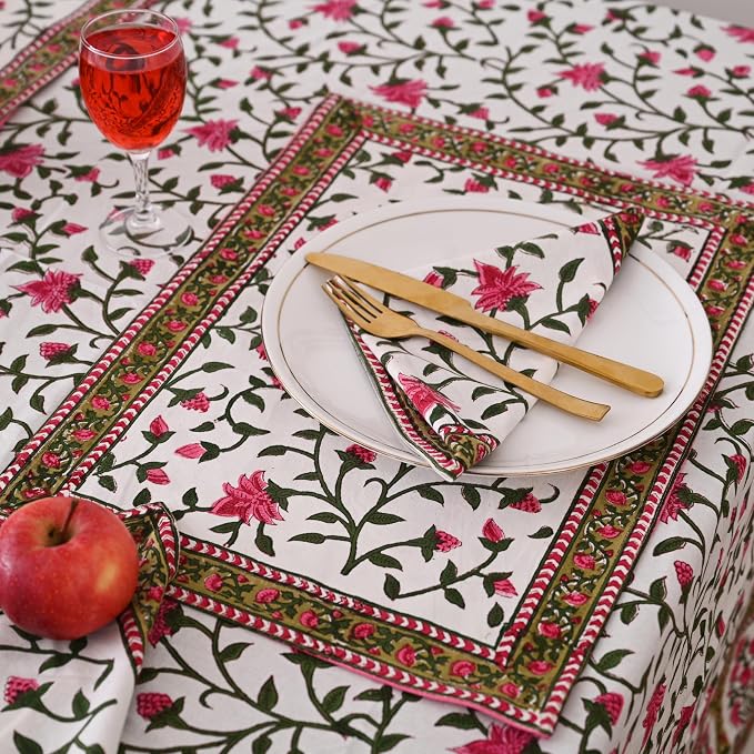 Hand Block Printed Tablecloth – Colorful Floral Print | 100% Cotton | Indian Artisan Handmade Art | Dining Room, Kitchen, Outdoor Décor, (Rosy Elegance, 60 x 60 Inches Square)