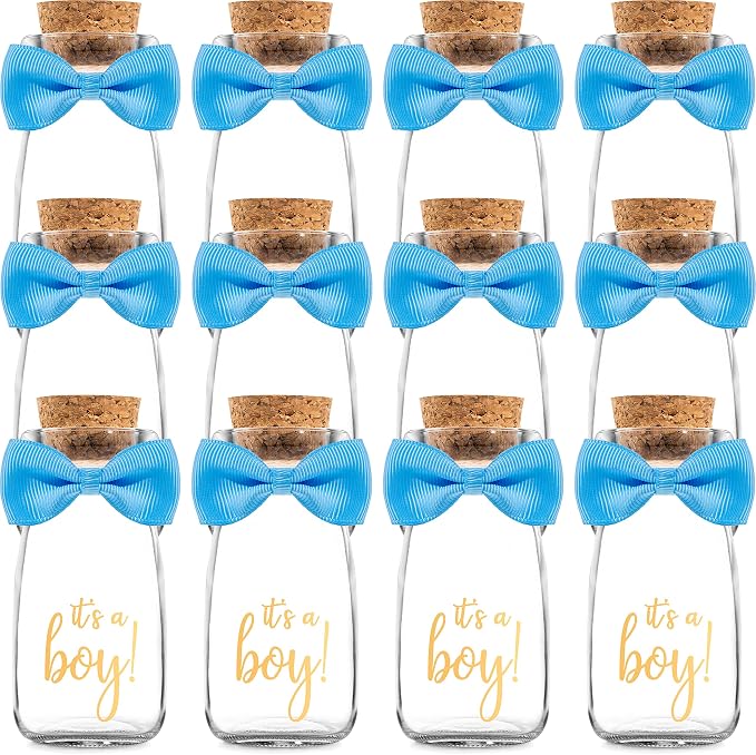 Ethisa Vintage 12 Pack It's a Boy Milk Glass Bottles with Ribbons and Stickers - Classy Baby Shower Favors for Guests and Table Centerpieces - Gender Reveal Boy Decorations - Baby Shower Candy Jar