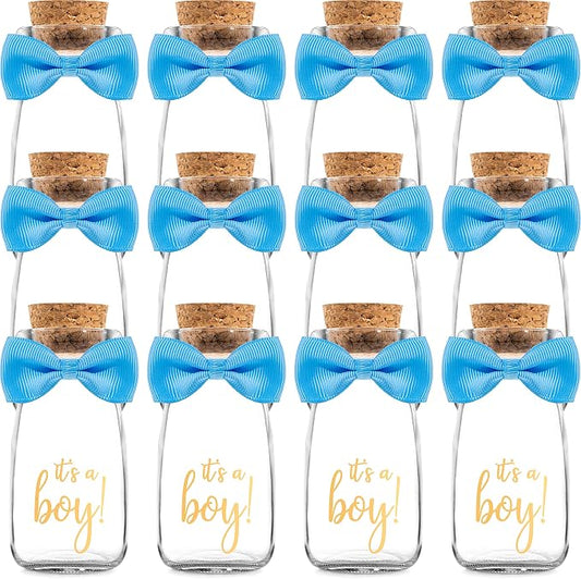Ethisa Vintage 12 Pack It's a Boy Milk Glass Bottles with Ribbons and Stickers - Classy Baby Shower Favors for Guests and Table Centerpieces - Gender Reveal Boy Decorations - Baby Shower Candy Jar