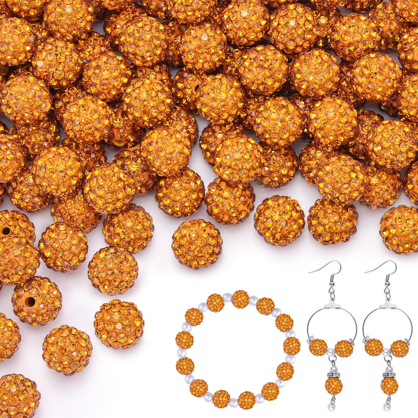 100 pcs 10mm Rhinestone Beads for Jewelry Making, Golden Shiny Round Shamballa Disco Beads Bulk, Sparkle Crystal Clay Christmas for Bracelet Baseball Necklace Earring Crafting and DIY