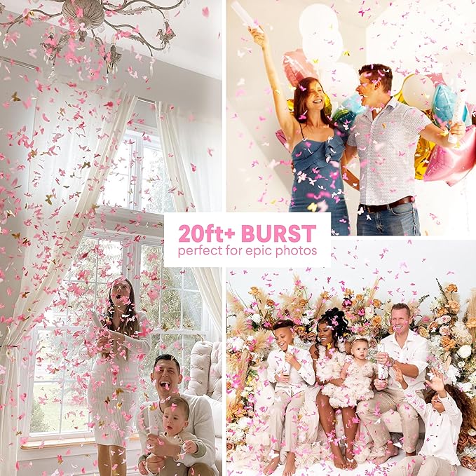PrimePure Gender Reveal Confetti Cannon - Butterfly Shaped Confetti Poppers - Pink, 2 Pack - Baby Girl Gender Reveal Party Poppers Shooters - Pink Paper Butterflies Baby Shower Party Supplies Pop Gun