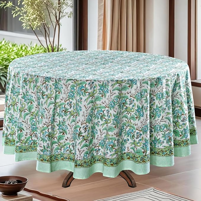 Ridhi Round Tablecloth Hand Block Print 100% Cotton Reusable Sage and Russian Green 132 Inch Table Cover Decorative Everyday Use for Dining, Home, Wedding, Farmhouse Gift for Spring, Mother's Day