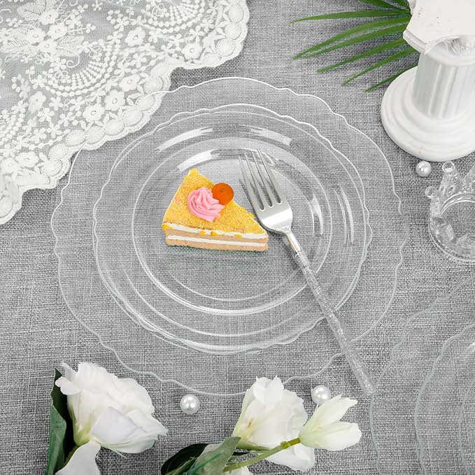 Liacere 150PCS Clear Silver Plastic Plates & Disposable Silver Plastic Silverware with Glitter Bamboo Handle Cutlery-Baroque Clear Disposable Plates for Wedding & Party
