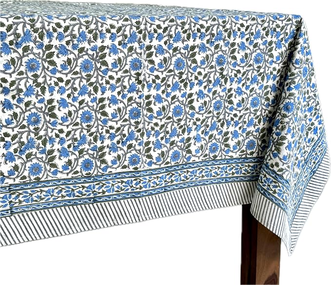 ATOSII Lake Como 100% Cotton Square Summer Tablecloth, Block Print Floral Linen Table Cloth for Kitchen Dining Table I Parties Weddings Outdoors I 60 X 108 Inches I 8 Seater I
