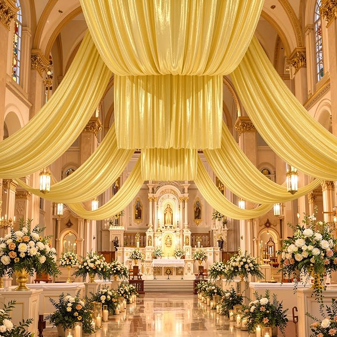 4 Panels 5x20ft Gold Ceiling Drapes for Wedding Parties, Wrinkle Free Thick Polyester 20ft Extra Long Wedding Draping Arch Drapery for Birthday Party Canopy Tent Decor