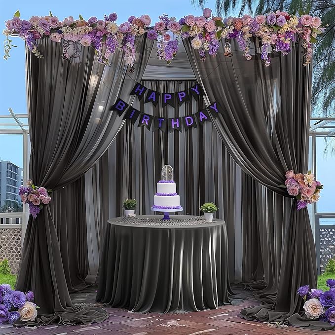 30ft x 10ft Black Backdrop Curtains, Wrinkle-Free Sheer Chiffon Fabric Photo Background Drapes for Wedding Arch Party Ceremony Stage Photography Decorations