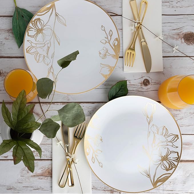 [10'' Plates 10 Count] White Plastic Floral Design Party Dinner Plates With Gold Rim Premium heavyweight Elegant Disposable Tableware Dishes