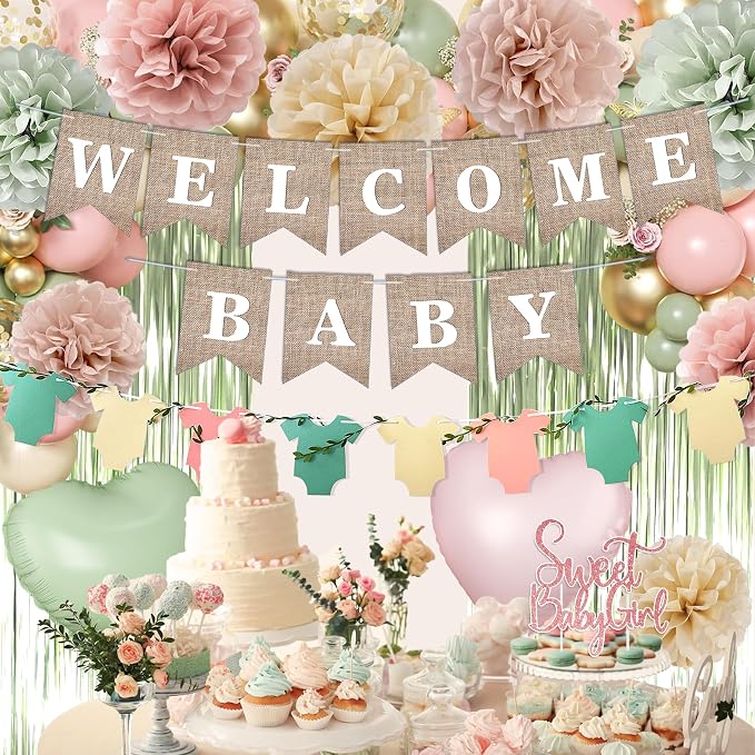 Pink Green Baby Shower Decorations Girls with Welcome Baby Banner, Paper Pom Poms, Sweet-Girl Baby Cake Topper, Retro Olive Pink Metallic Balloon Décor for Easter Jungle Safari Fairy Baby Shower Party