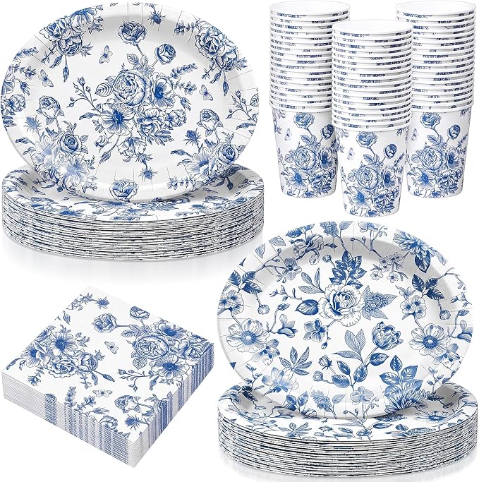 Vesici 150 Pcs Blue Floral Party Supplies 10'' x 12'' Large Oval Paper Plate Napkin Cup Set Vintage Blue White Floral Tableware Disposable Heavy Duty Plate Birthday Wedding Bridal Shower Decoration