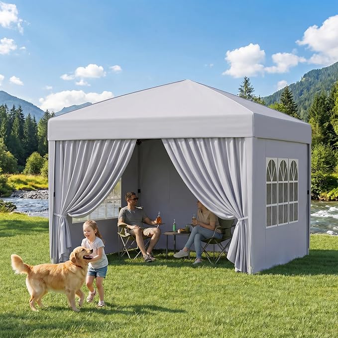 KIGOTY 10x10 FT Portable Pop Up Canopy Tent, Adjustable Height Instant Gazebo with Sidewalls, One-Push Setup Outdoor Canopy for Camping, Parties, Vendor Events (White, 3m × 3m)