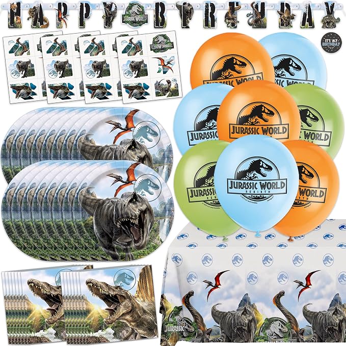 Jurassic Park Birthday Decorations for 16 | Balloons, Banner, Tablecloth, Plates, Napkins, Tattoos| Officially Licensed Jurassic World Party Decorations
