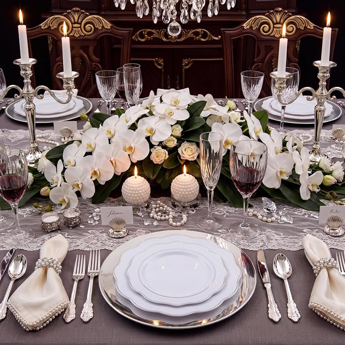 NOCCUR 175pcs Silver Plastic Plates - Silver Rim Plastic Tableware Include 25 Dinner/Dessert Plates, 25 Forks, 25 Knives, 25 Spoons for Wedding/Party