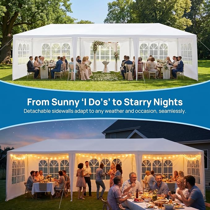 10x30 Canopy Tent for Parties, Heavy Duty Waterproof Outdoor Tent with 7 Detachable Sidewalls & Window Panels, Large Event, Wedding & Backyard Shelter, Commercial & Personal Use, White