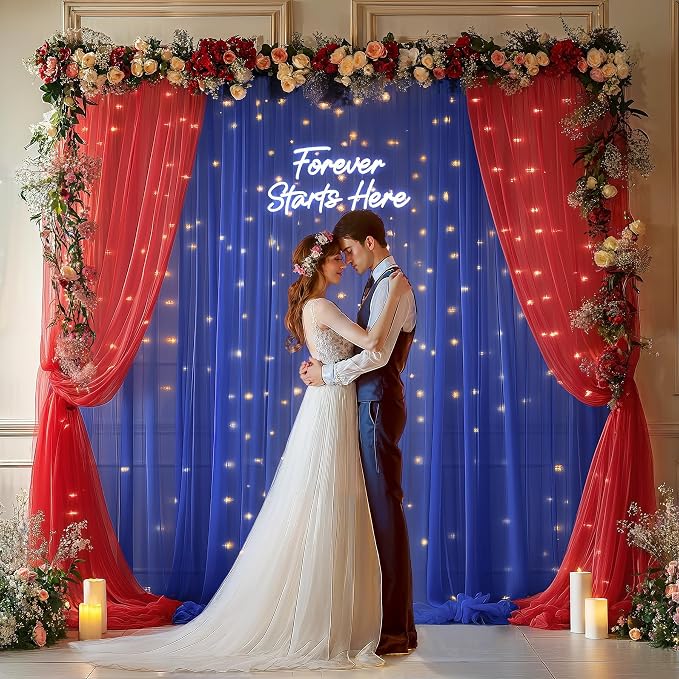 10x10ft Royal Blue Red Tulle Backdrop Curtain with Lights String for Parites, Sheer Photo Backdrop Curtains with lights for Wedding Backdrop Ceremony Reception Bridal Shower Baby Shower Birthday Party