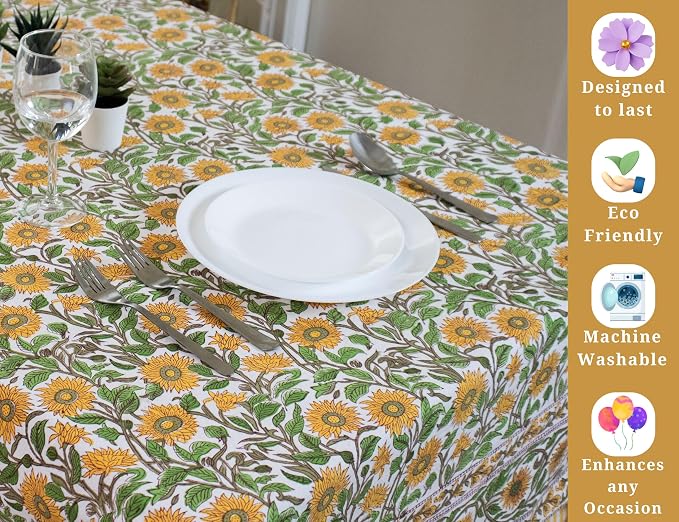 Block Print Table Cloth- 54x108 Inch Rectangle 100% Cotton Handmade Pre-Shrink, Washable for Spring, Kitchen & Dining Perfect for Patio, Indoor & Outdoor, Farmhouse